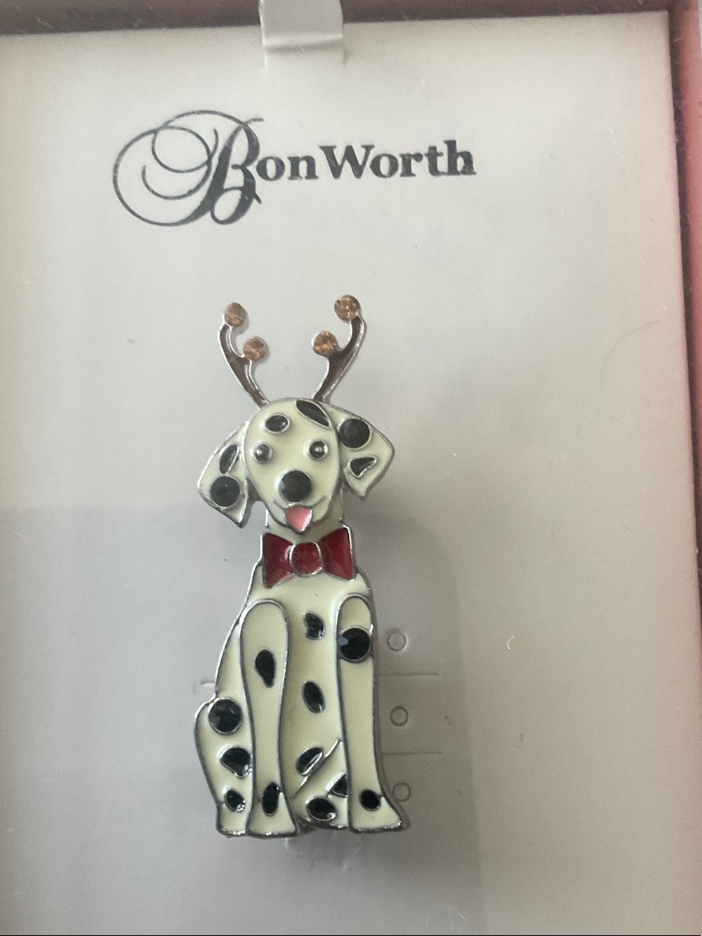 BonWorth Dalmatian Reindeer Enamel Pin — White, Black & Red